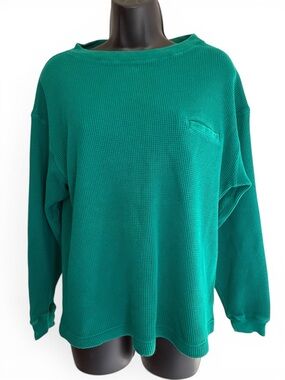 Vintage GAP Teal Green Waffle Knit Long Sleeve Top 100% Cotton Size L